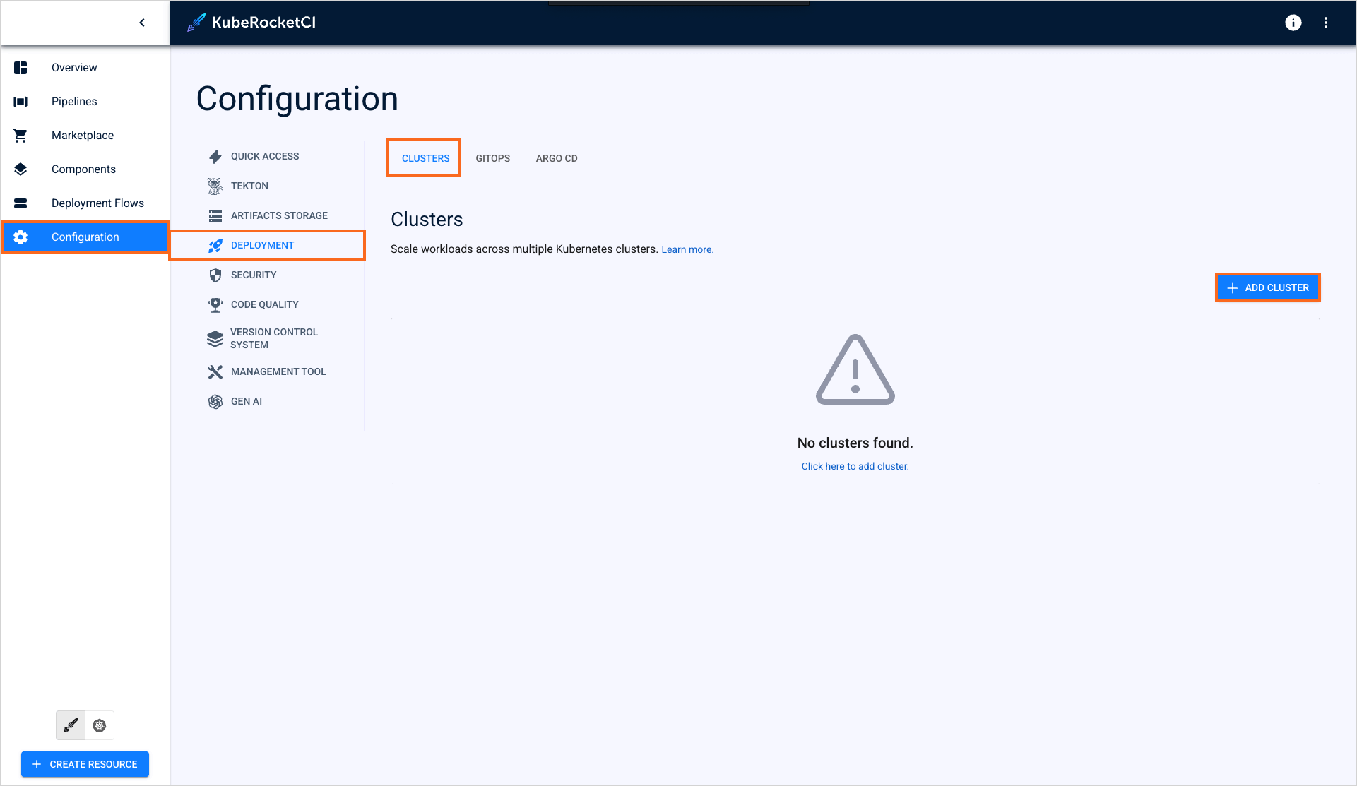 Clusters menu Clusters menu