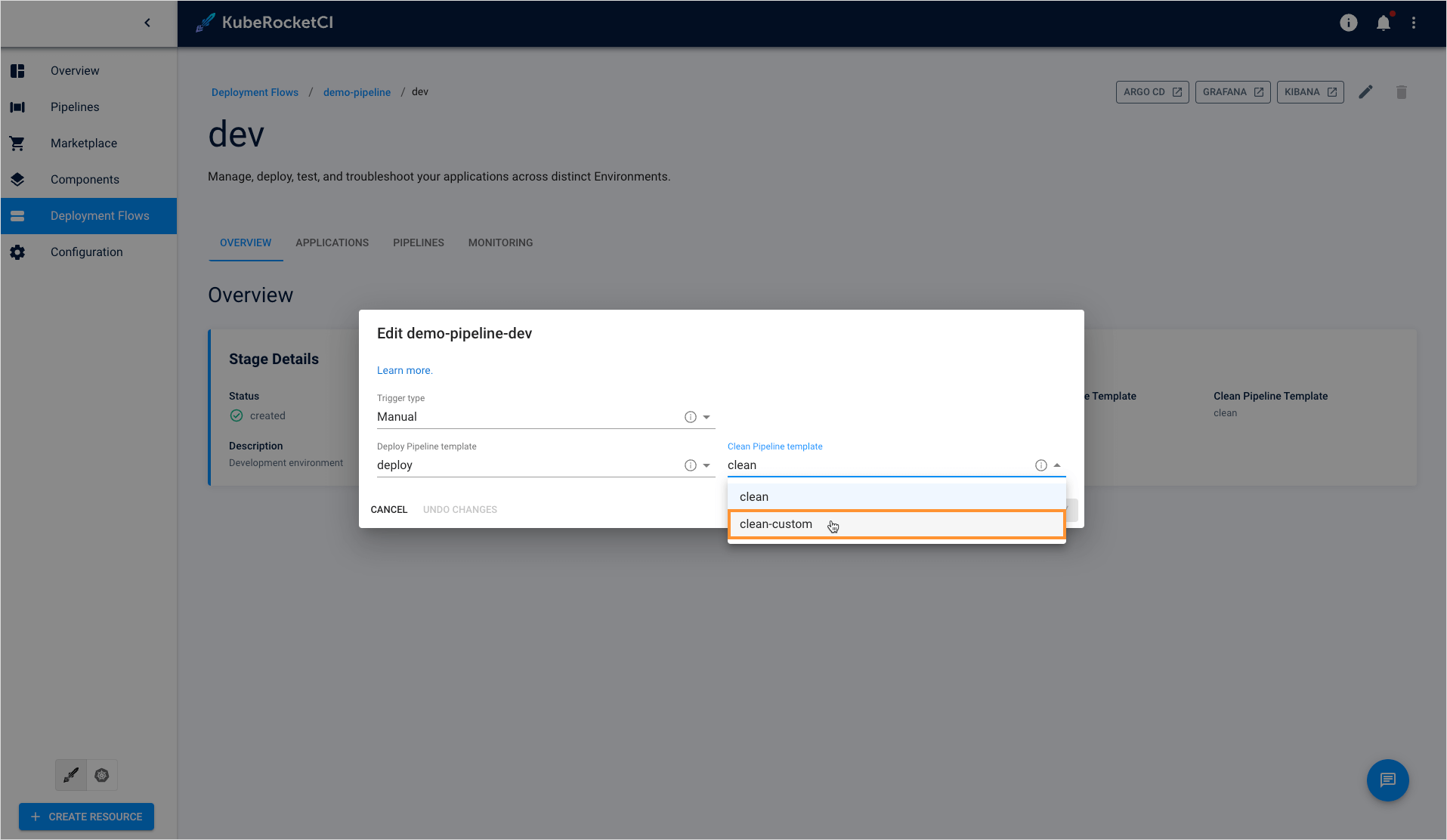 Select custom clean pipeline