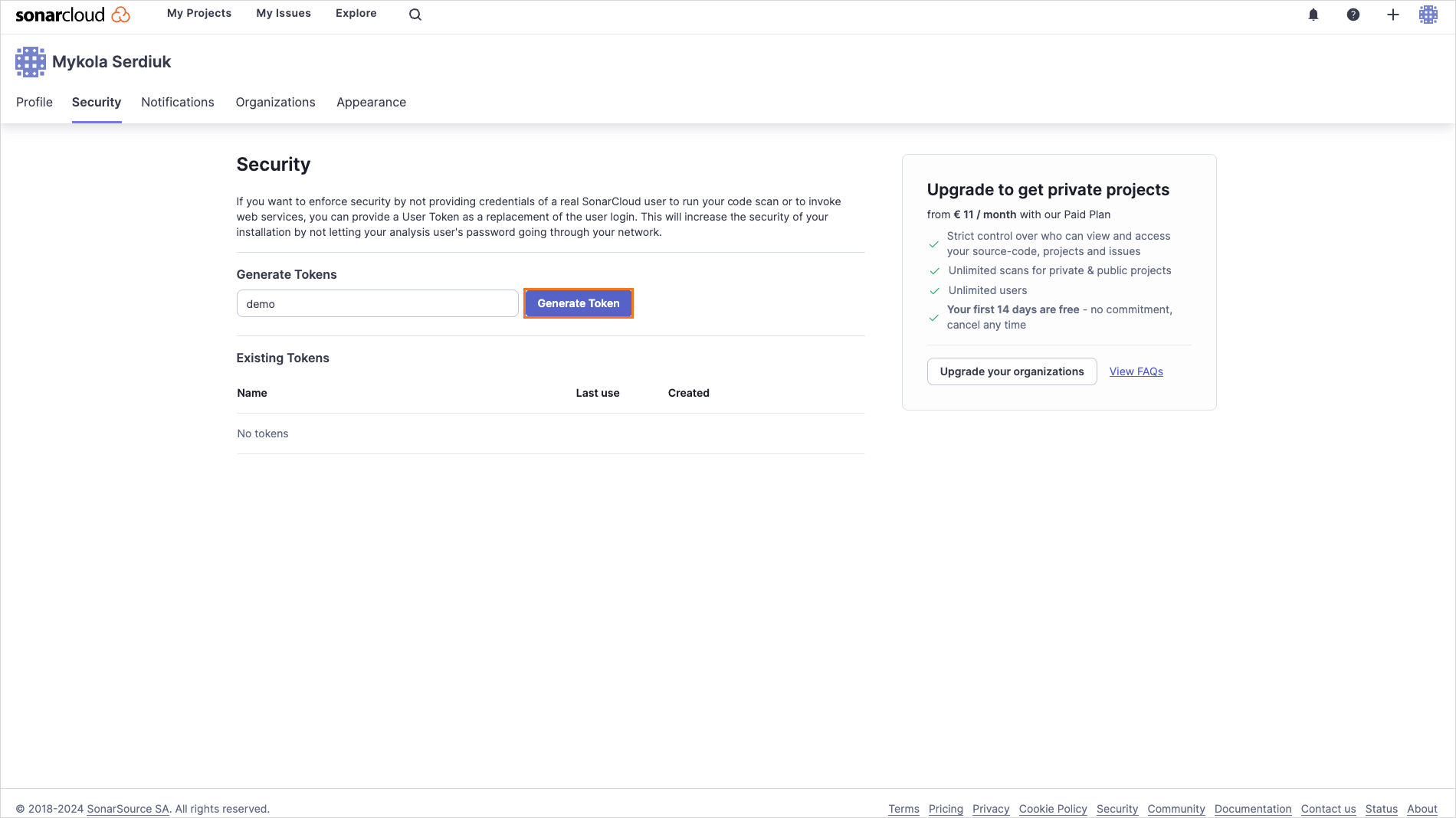 Generate token Create organization