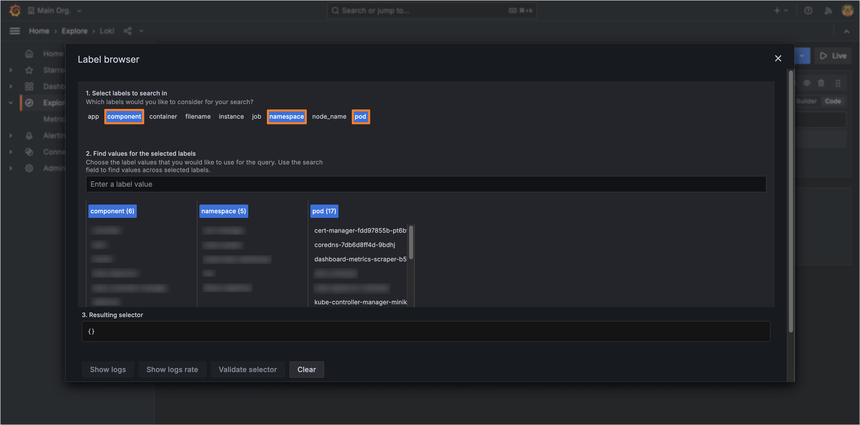 Logs example labels example