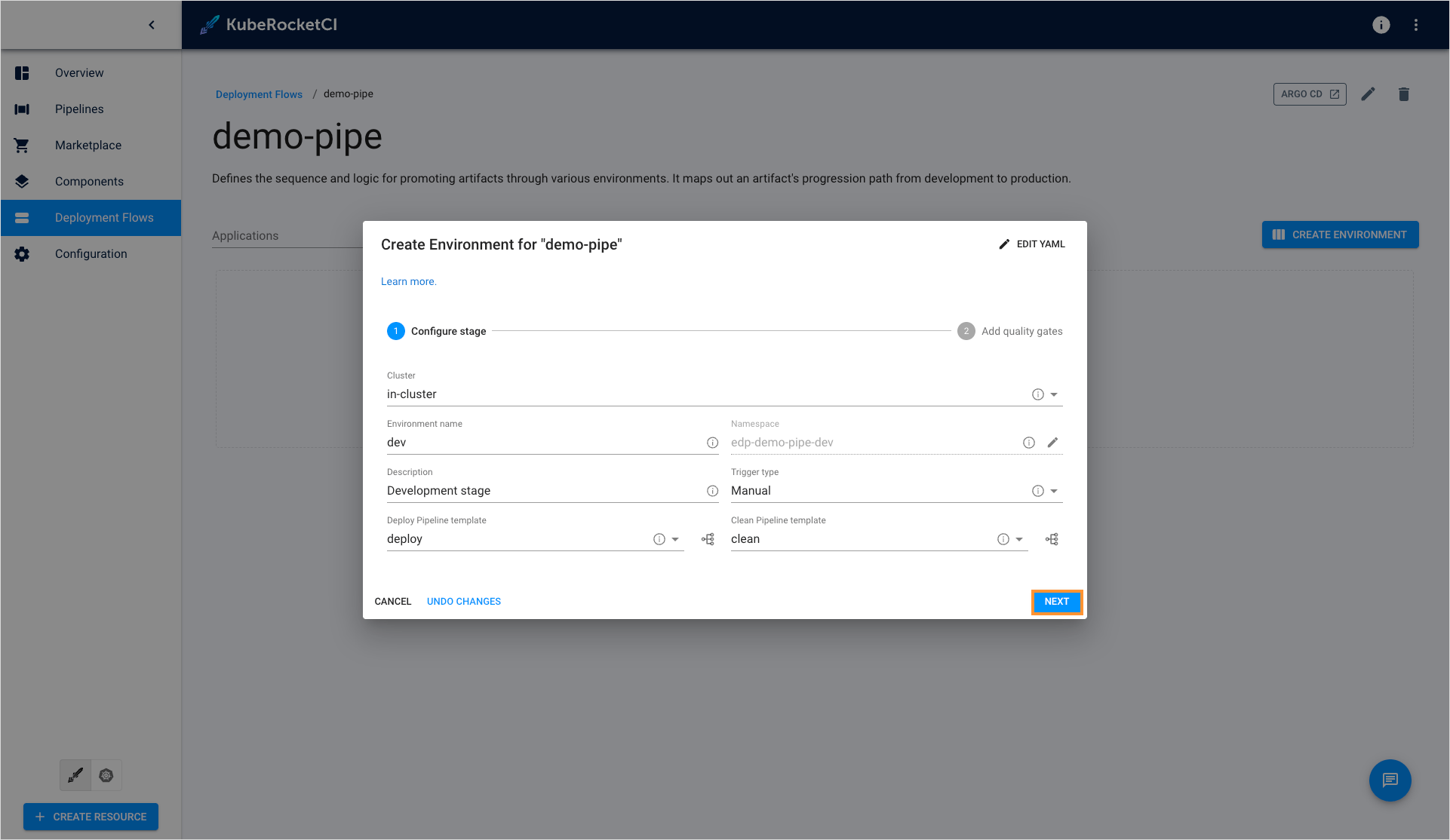 Create environment window Create environment window